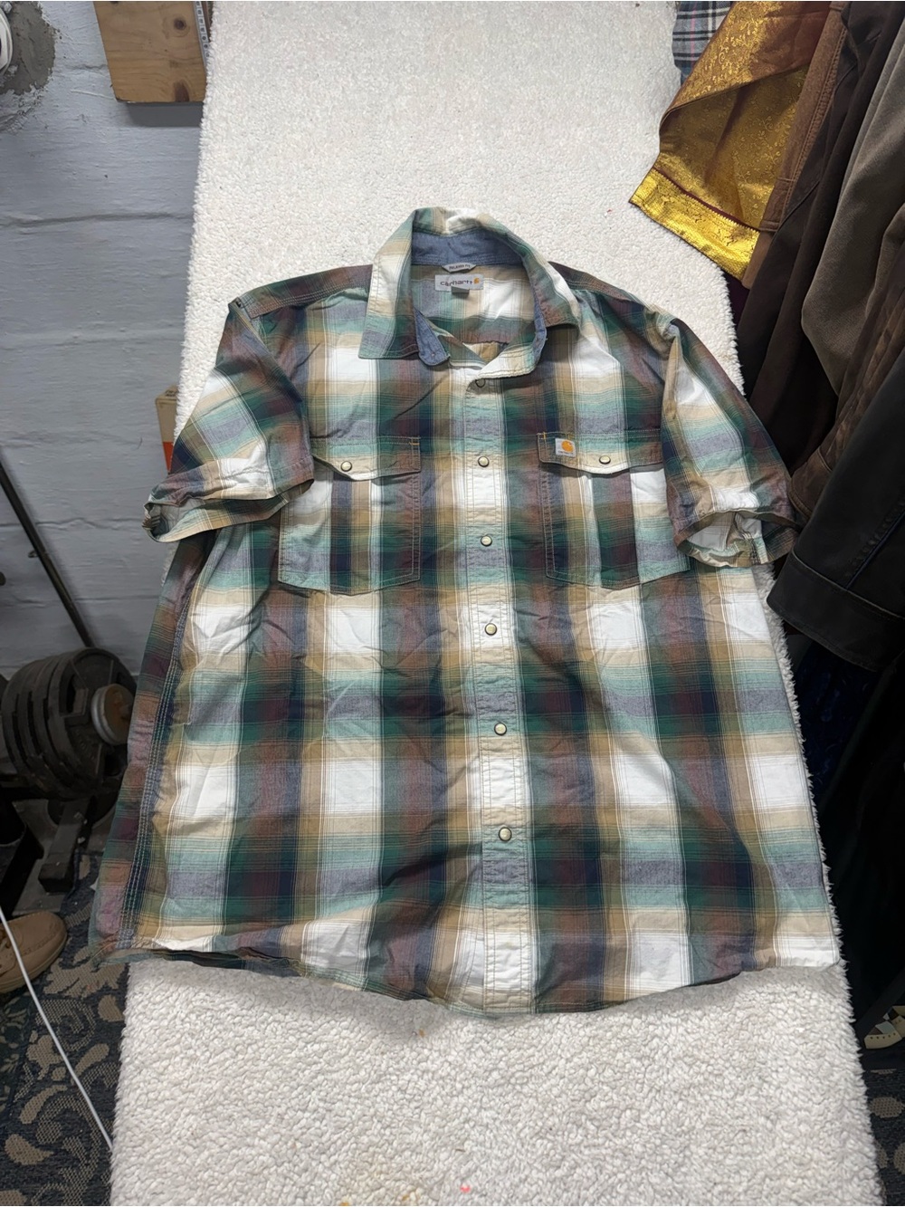 Carhartt Men’s Green Multi Plaid Short-Sleeve snap button Work Shirt Size Lg